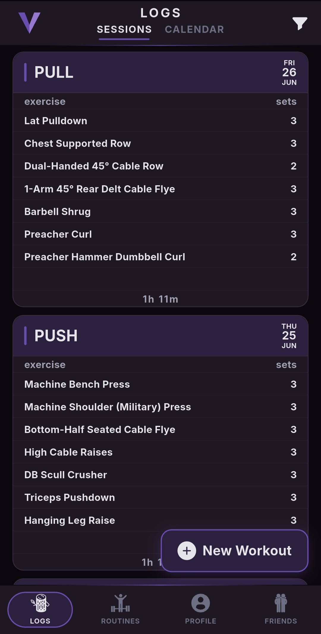 VALENS Logs screen showing PULL and PUSH workout sessions with exercises and set counts