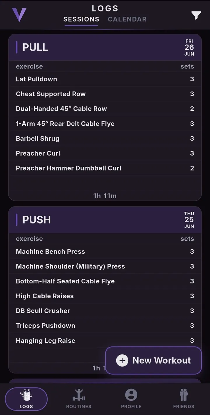 VALENS Logs screen showing PULL and PUSH workout sessions with exercises and set counts