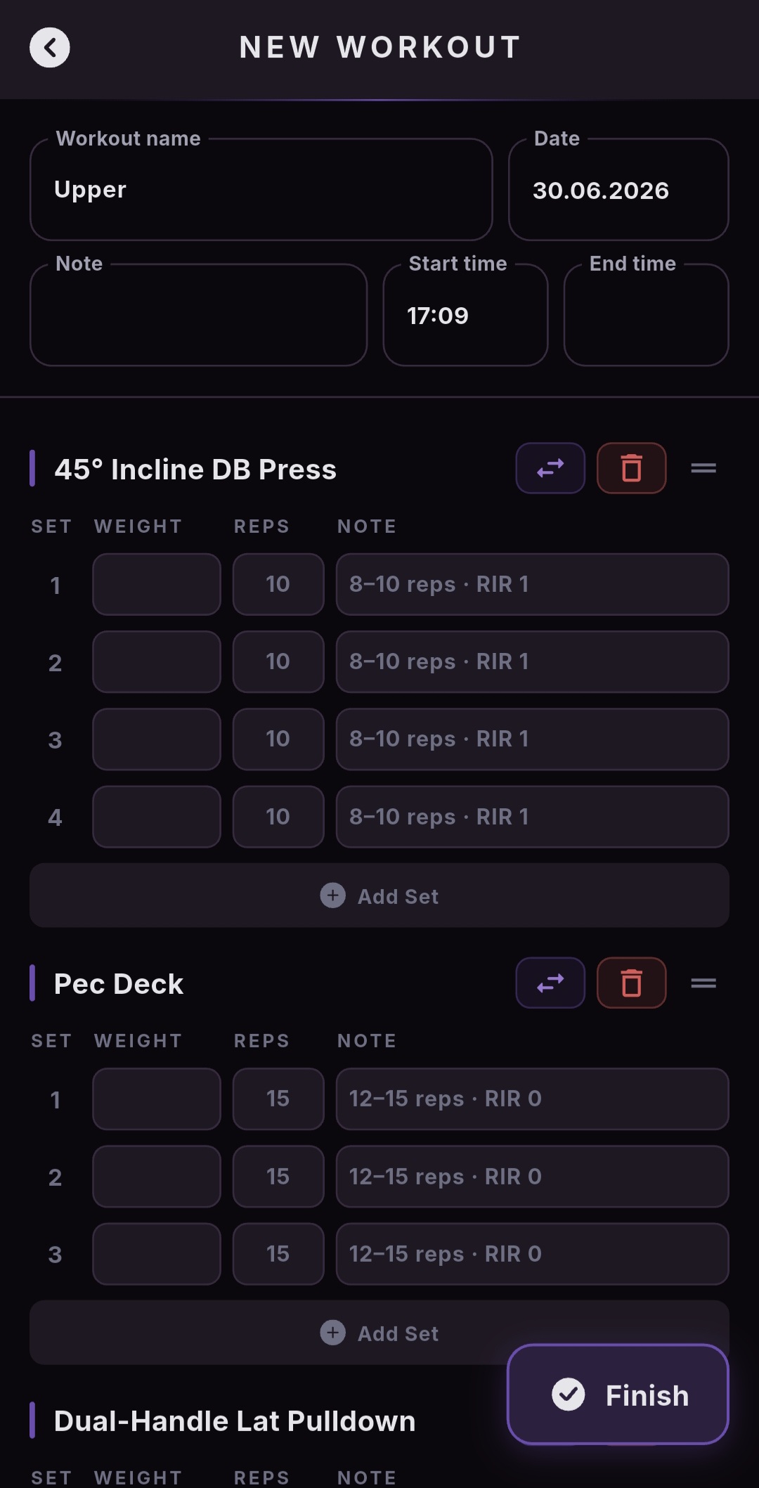 New Workout screen logging sets, reps and weight for an incline dumbbell press