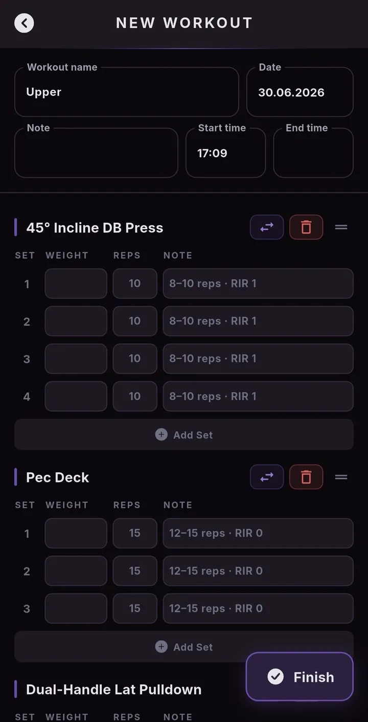 New Workout screen logging sets, reps and weight for an incline dumbbell press