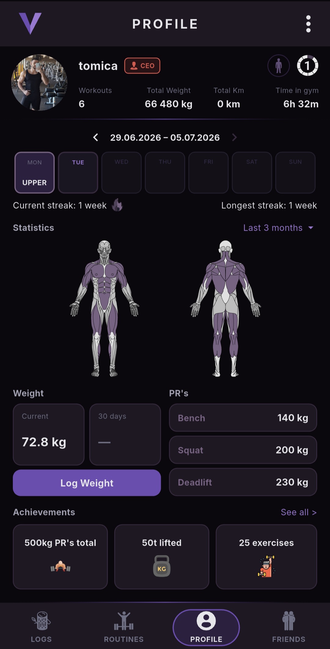 Profile screen with weekly streak, muscle map, PRs and achievements