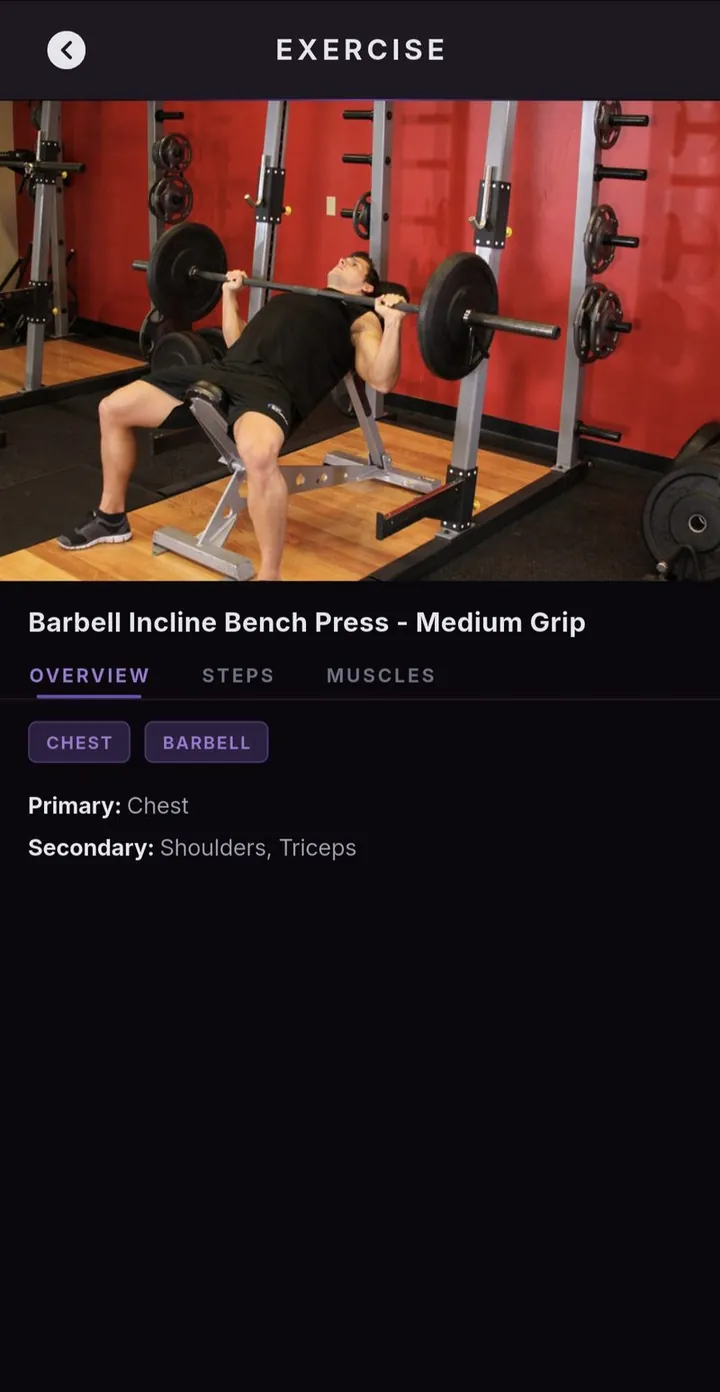 Exercise detail screen for Barbell Incline Bench Press showing target muscles
