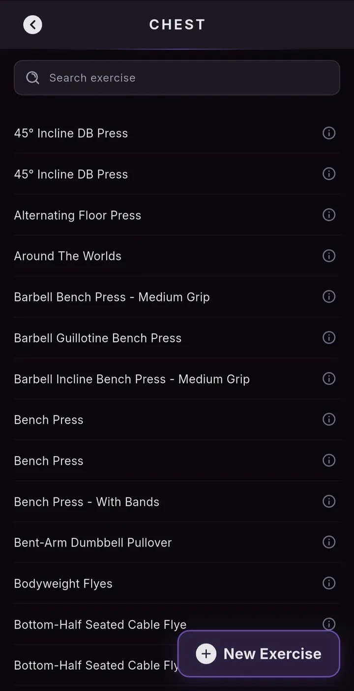 Chest exercise library list with search