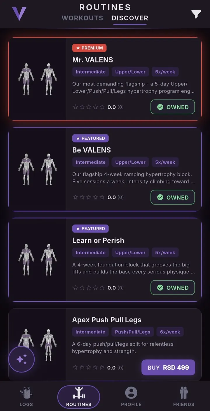Routines Discover screen featuring the Mr. VALENS premium program